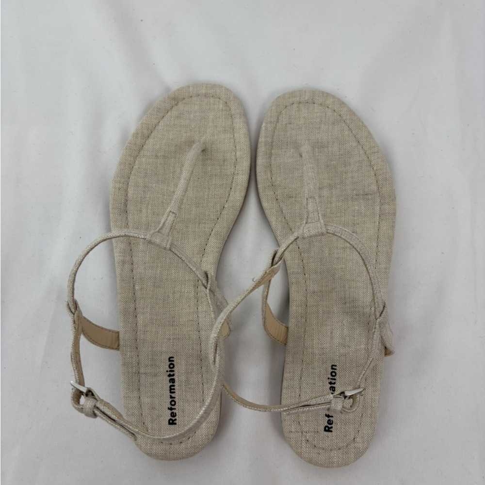 Reformation Cream Linen Thea T-Strap Women's Sandals Brand New! - Picture 4 of 9